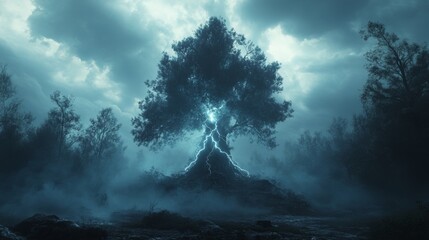 A giant tree struck by lightning in the middle of a dense, misty forest, surreal style, glowing electric veins, eerie twilight, high-detail nature elements