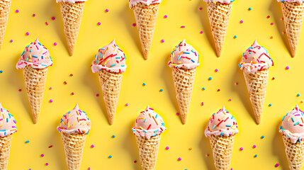 A row of ice cream cones with sprinkles on top
