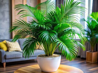 Fototapeta premium The lush green palm tree, elegantly potted, adds a bright and lively element to contemporary indoor living spaces