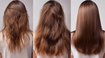 The image showcases hair transitioning from frizzy and unkempt on the left to smooth and straight on the right, highlighting a hair transformation process.
