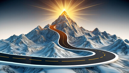 A 3D mountain landscape with a 2D road snaking around its edges, each bend revealing business milestones The 3D summit is illuminated with golden rays, symbolizing the success waiting at the top