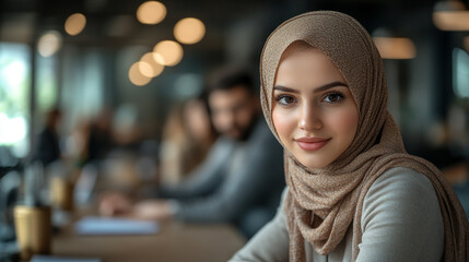A confident young woman in a cafe, wearing a hijab, smiling gently at the camera, with a warm and inviting atmosphere.