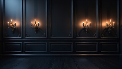 This dark, elegant background features black paneled walls with vintage candle holders casting a soft glow, creating a luxurious and moody interior atmosphere.