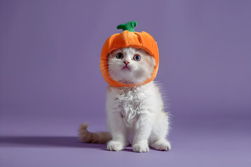 Obraz premium A white kitten wearing a pumpkin hat is sitting on a purple background