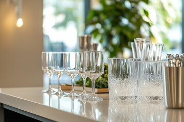 Elegant bar setup with crystal glassware and wine glasses on a pristine countertop, ready for a stylish gathering or special event