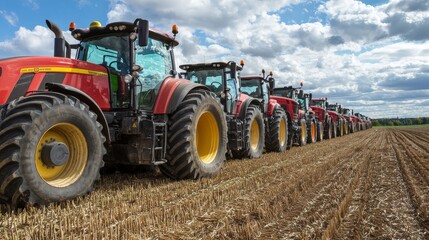 Obraz premium A row of modern tractors lined up in a field, ready for a day of intensive farming operations