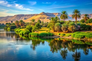 Fototapeta premium The tranquil waters and lush banks of the River Nile create serene landscapes, embodying ancient history's rich