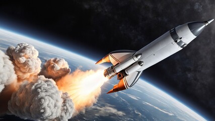 Obraz premium Realistic image of a rocket that flies into space. World Space Week.