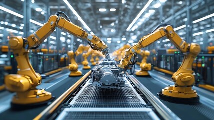 A row of robots assembling car engines, the synchronized movements and high-tech environment highlighting modern industrial production