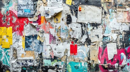 Fototapeta premium Urban graffiti wall with layered street art, featuring old posters torn away