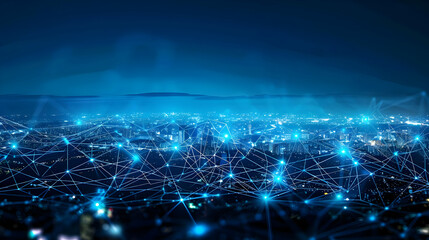 Fototapeta premium Abstract Digital Network Connecting City Lights at Night, A Digital Art Representation of Modern Technology and Connectivity