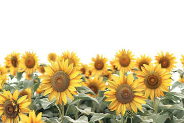 Fototapeta premium Sunflowers field on the horizon, isolated against a transparent background