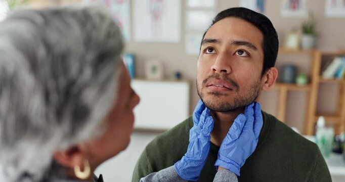 Healthcare, consulting and throat with man and doctor for ent specialist, medical or saliva gland checkup. Otolaryngology, medicine and exam with people in hospital for thyroid diagnosis and wellness