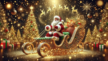 Flying Santa Claus with his reindeer, fantastic Christmas wallpaper	