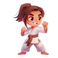 A young girl in a white karate gi with a brown belt, smiling and in a fighting stance.