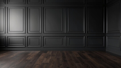 This minimalist background features dark paneled walls and a sleek wooden floor, creating a modern and sophisticated atmosphere with sharp contrasts and clean lines.