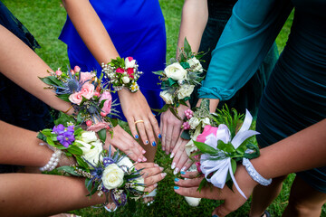 A group of girls and their colorful corsage Flowers for High School Prom. Colorful flower arrangements © Brocreative