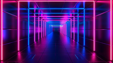 Fototapeta premium 3D Rendered Neon Lights Tunnel with Blue and Pink Glowing Lines in a Futuristic Setting