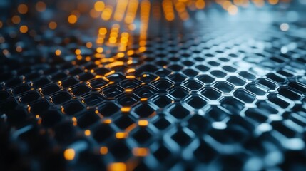 Obraz premium A close-up image of a textured surface featuring a honeycomb pattern illuminated by warm orange lights, creating an intriguing visual contrast.