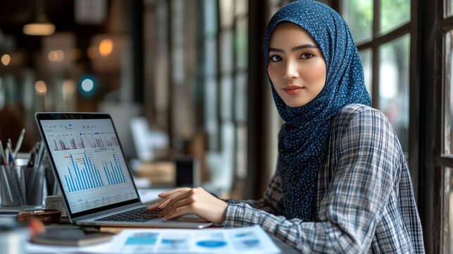 Focused woman in hijab working on laptop, analyzing data in a cozy cafe. Professional environment and modern technology blend.