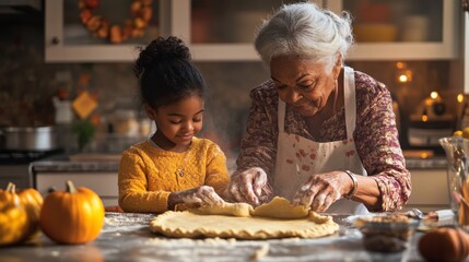 Grandma and granddaughter are baking together in the kitchen, rolling out pie dough, with flour on the counter and fall decorations.