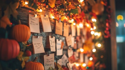 A Thanksgiving-themed gratitude wall with notes of thanks pinned up, decorated with fall garlands, pumpkins, and fairy lights, highlighting the spirit of appreciation