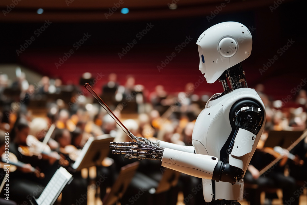 Poster robot is standing in front of a crowd of people and holding a stick. the robot is smiling and he is 