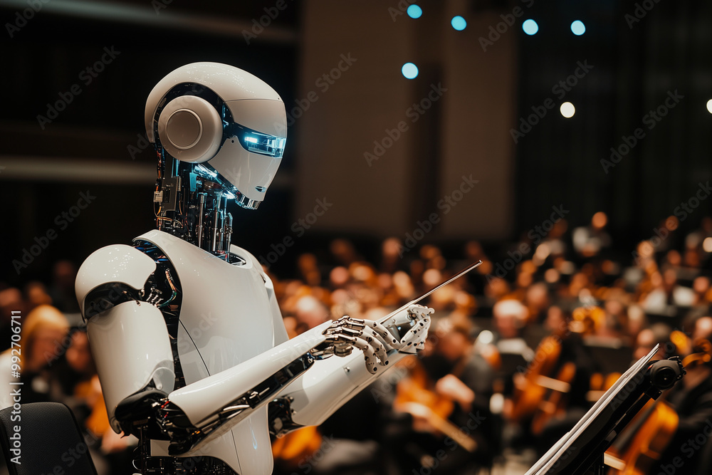 Poster robot is standing in front of a crowd of people and holding a stick. the robot is smiling and he is 