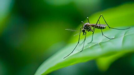 Fototapeta premium Close-up of mosquito resting on leaf in tropical forest, emphasizing its role in transmitting viruses, shallow depth of field.
