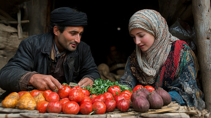 Fototapeta premium Two individuals engaged in a vibrant market scene, showcasing fresh produce and traditional attire, capturing cultural exchange.