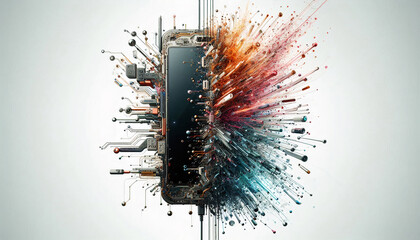 Exploding smartphone graphic, depicting a burst of digital components and energy from a smartphone screen
