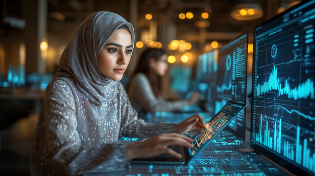Woman in hijab analyzes data in a tech environment, utilizing modern screens displaying vibrant graphs and statistics.