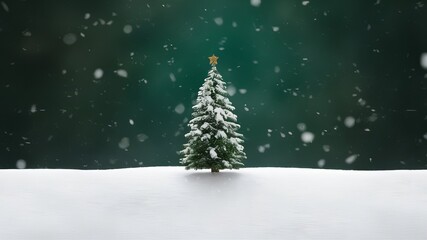 Obraz premium A snow-covered Christmas tree stands alone on a snowy landscape, surrounded by falling snowflakes against a dark green background.