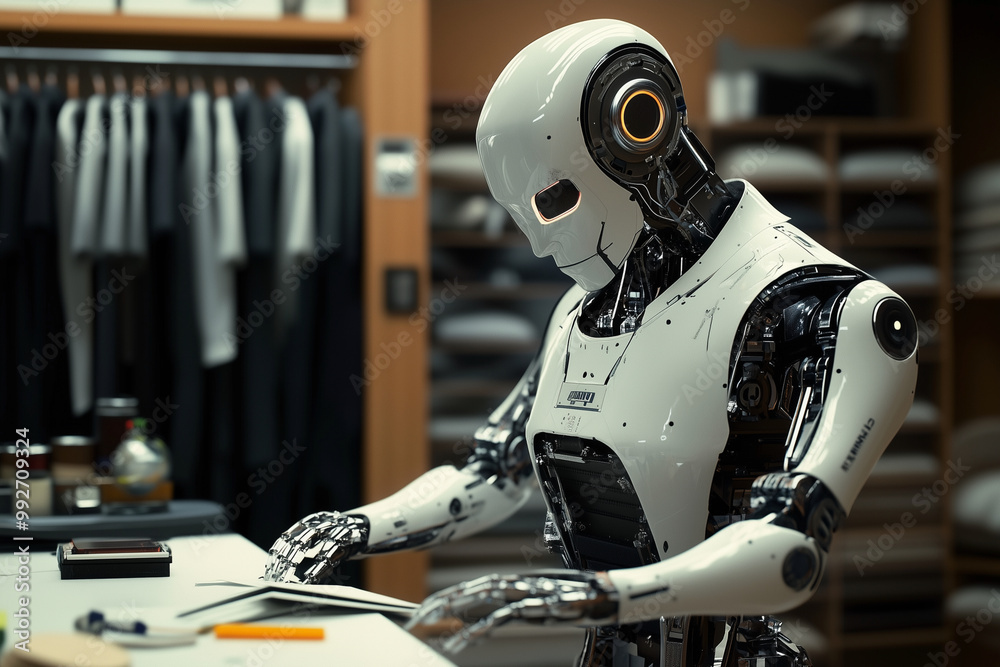 Aufkleber robot is sitting at a table with a pile of clothes in front of it. the robot appears to be sorting t