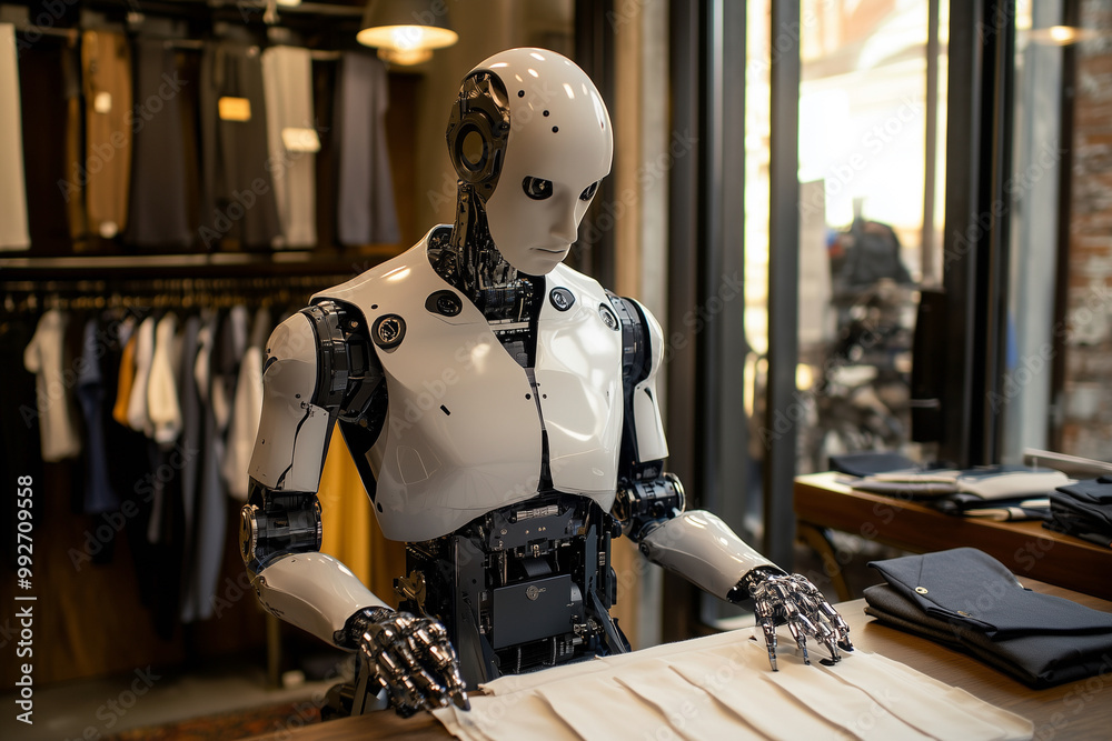 Aufkleber robot is sitting at a table with a pile of clothes in front of it. the robot appears to be sorting t