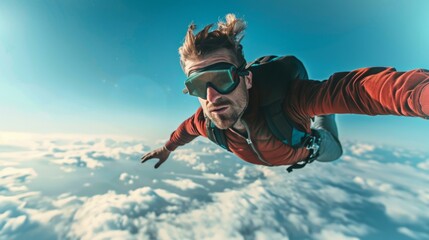 Crazy man in goggles is flying in the sky. Jumper concept