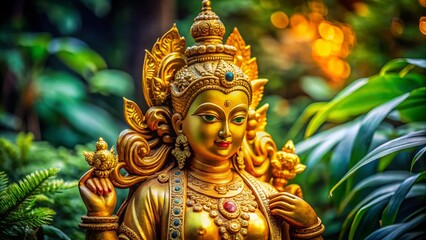 Fototapeta premium Divine Gold Goddess Figurine Surrounded by Nature, Symbolizing Power, Beauty, and Prosperity in Art