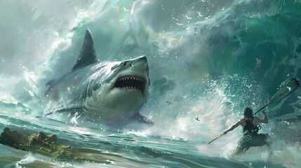Fototapeta premium Dramatic Encounter Between Kayaker and Giant Shark in Stormy Ocean Waters