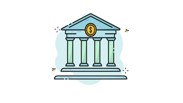 bank building line art color animation 2D video for business concept , minimalist architecture animated footage motion graphic illustration design