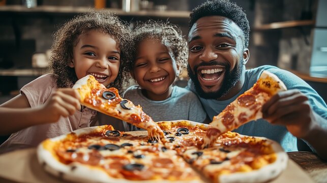 A happy family enjoys a delicious pizza together. The father, mother, and daughter are all smiling and laughing as they share a meal.