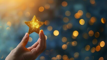 Customer Journey or Business Success Concept. Hand Raised and Support Human Shape with Care to Reach a Golden Star, Diagram Graph as background