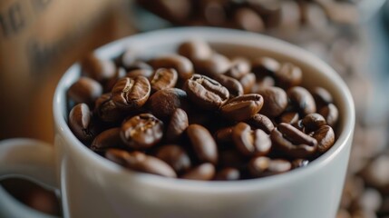 Close-up of coffee beans inside a white ceramic cup, macro shot.