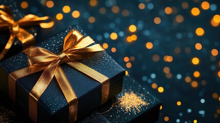 Black Gift Boxes with Gold Ribbons on a Blurry Dark Blue Background with Orange Lights