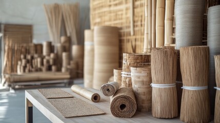 A serene workspace featuring various rolls and pieces of natural materials, highlighting craftsmanship and design possibilities.