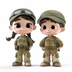 Cute cartoon boy and girl in soldier costumes with sweet smiles. Profession cartoon concept isolated on white background. 3d rendering