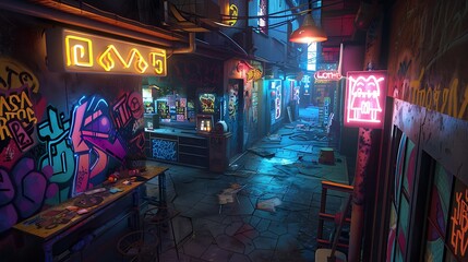 Obraz premium A narrow, dimly lit alleyway in a futuristic city, with graffiti on the walls and neon signs.