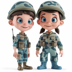 Cute cartoon boy and girl in soldier costumes with sweet smiles. Profession cartoon concept isolated on white background. 3d rendering