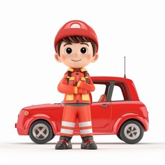 Fototapeta premium Cute cartoon boy in a driver costume and a car behind him with a sweet smile. Profession cartoon concept isolated on white background. 3d rendering