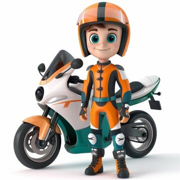 recommend clip art: Cute cartoon boy in a GP motorbike athlete costume with a GP motorbike behind him with a sweet smile. Sports athlete cartoon concept isolated on white background. 3d rendering