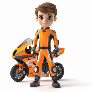recommend clip art: Cute cartoon boy in a GP motorbike athlete costume with a GP motorbike behind him with a sweet smile. Sports athlete cartoon concept isolated on white background. 3d rendering